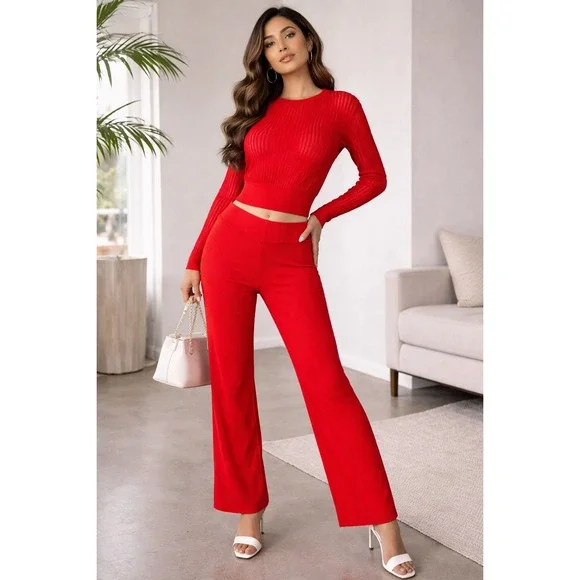 Chic me Red‎ Ribbed Knit Two Piece Set Sheer Long Sleeve Top & High Waist Pants