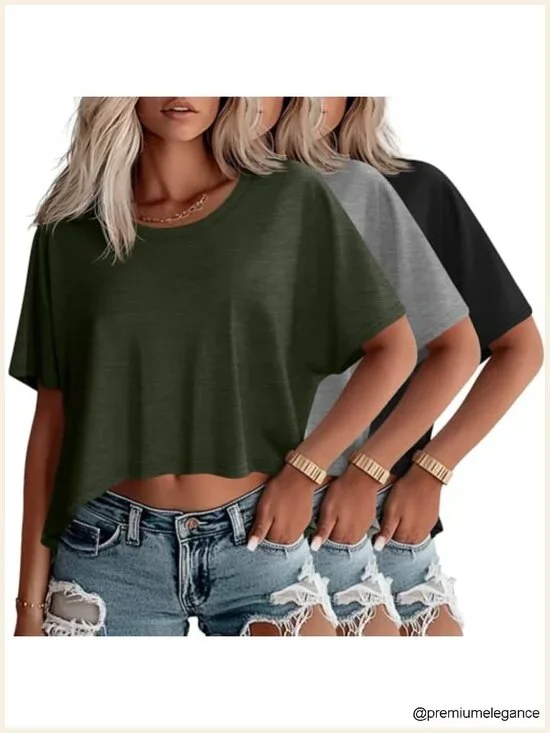 3 Pack Oversized Cropped T-Shirts Short Sleeve Baggy Crop Top Crew Neck Flowy