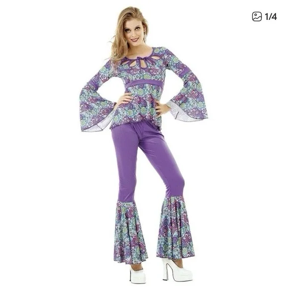 Hauntlook Disco Diva 70s Costume Womens XL Purple Floral Bell Sleeve Flare Pants