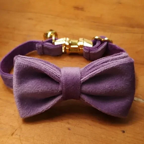 Purple Velvet Bow Cat Collar with Gold Bell and Breakaway Closure NWOT