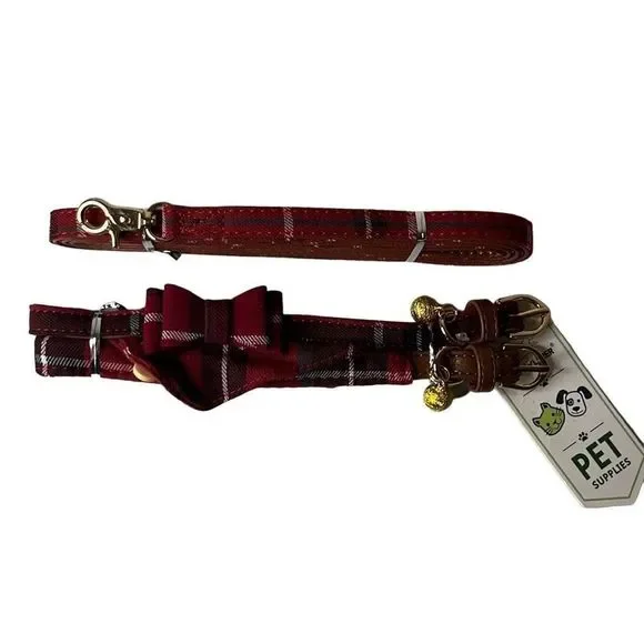 Pet‎ collars and leash combo set NEW red plaid NWT