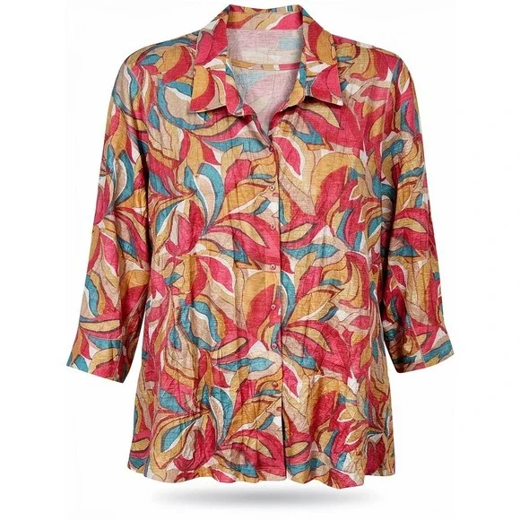 NEW Ali Miles Women's 3X Pink Abstract‎ Leaf Print 2 Pc Set Button Shirt Tank