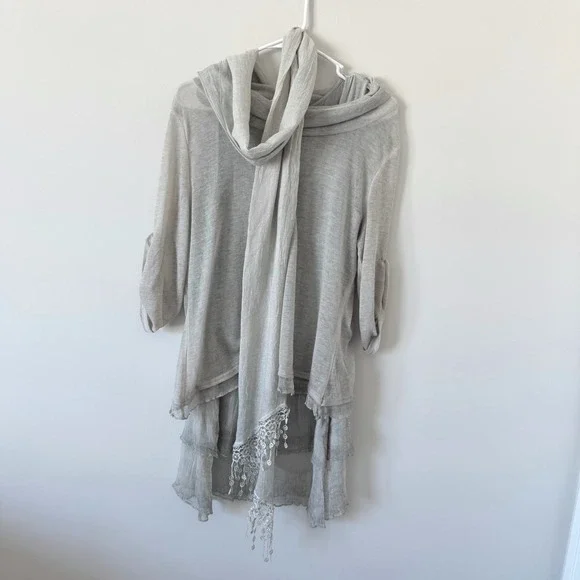Fantazia Women Gray 3 Pc Set Linen Blend Tunic Tank Sheer Overlay‎ Scarf MED New