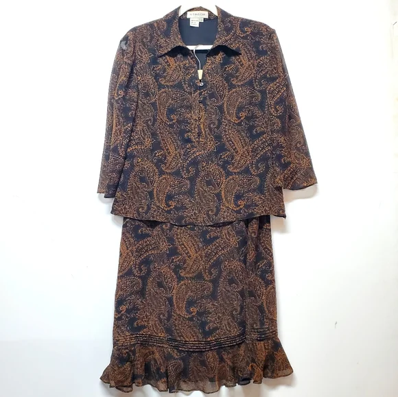Vtg M.Boutique Silk Amber Paisley Skirt Set RARE Womens 12 Partial Button Front‎