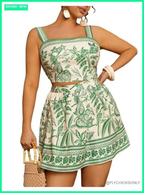 Plus Size Boho 2 Piece Outfit Camisole Crop Top Mini Skirt Set