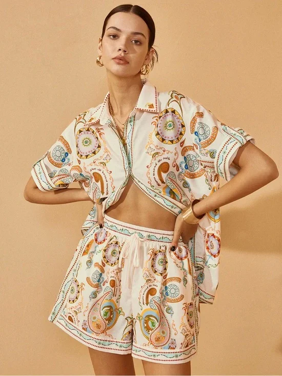 Commense White Paisley Print Lounge Shirt and Shorts Set