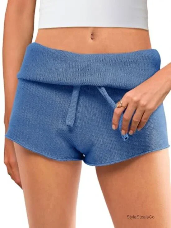 High Waisted Foldover Lounge Shorts Drawstring Casual Knit Beach Cover Up