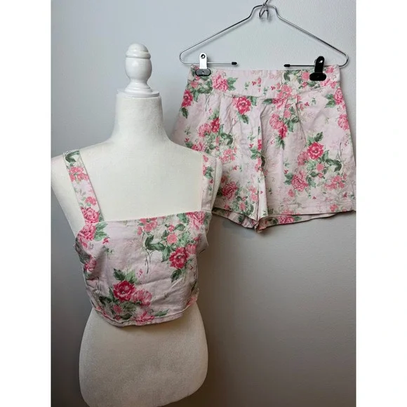Pink Floral 2 Piece Set‎ Crop Top and High Waisted Shorts Cottagecore Size XL