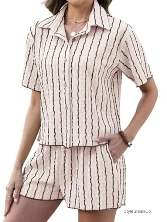 Women's 2-Piece Knit Short Set - Striped Button Up Shirt & Shorts Lounge Travel
