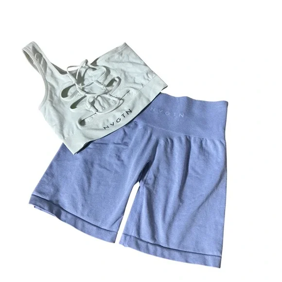 NVGTN Womens Seamless One Shoulder Lace Up Bra Biker Shorts 2‎ Piece Set Small