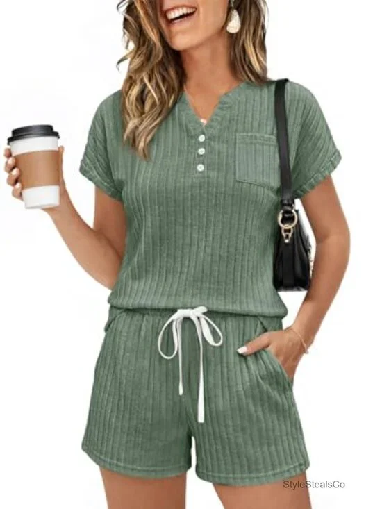 2 Piece Short Sleeve Henley Shorts Set Lounge Sweatsuit with Pockets