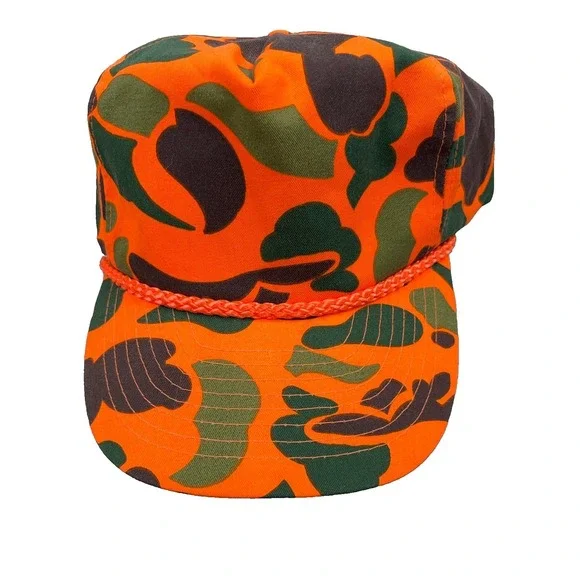 Vintage Camo Trucker Hat Cap Snapback Blaze Orange Rope 90s  Bubble Nissin
