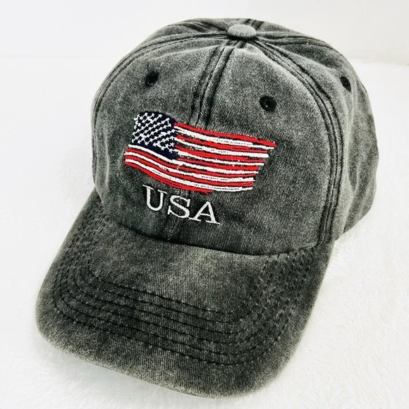 USA Stars and Stripes Flag Patch Distressed Hat Cap Adjustable Gray Outdoors