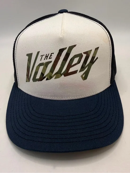 The Valley Camo Logo Trucker Hat Snapback Navy White Mesh Cap Adjustable