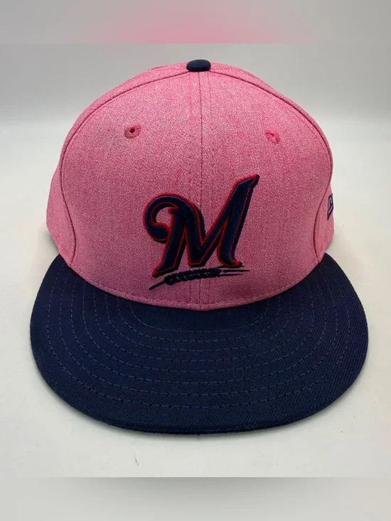 New Era 59FIFTY Milwaukee Brewers Pink Navy Fitted Hat 7 5/8 MLB Cap