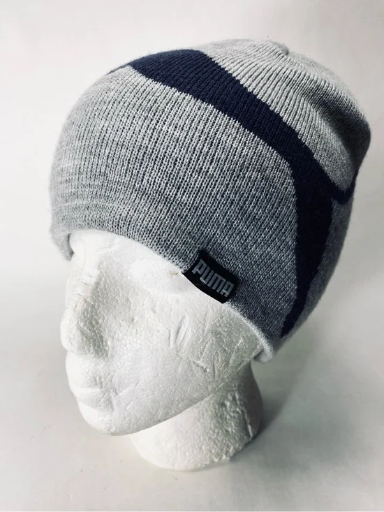 Puma Gray Beanie with Navy Puma Logo Knit Beanie Hat