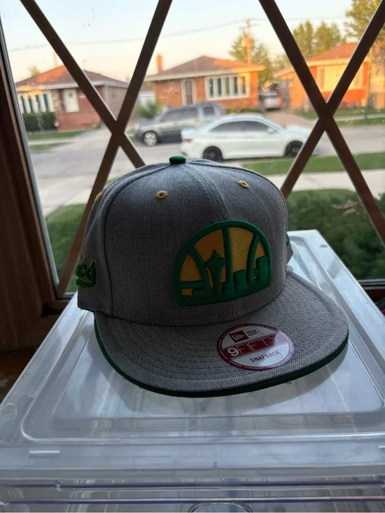 New Era Gray Snapback Hat with Green and Yellow Seattle Skyline Patch