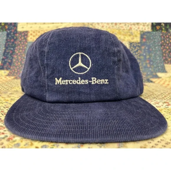 VINTAGE 80s Mercedes Benz Retro Corduroy Navy Blue Logo Adjustable Hat