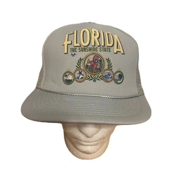 Vintage Florida the Sunshine State Trucker Hat Mesh Back Snap Back Gray Lapel