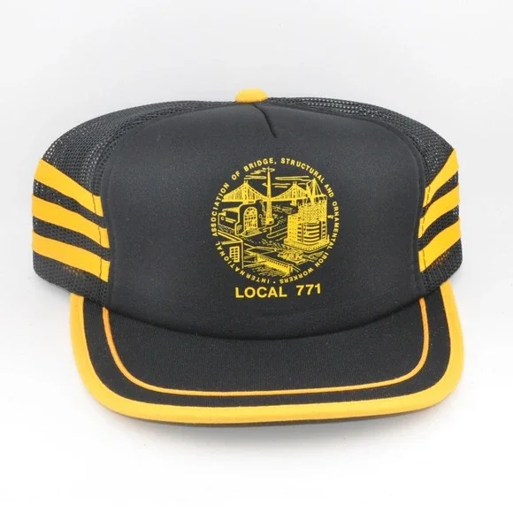 Pem-Brand Trucker Hat OSFM Black Yellow 3 Stripes Iron Workers Local 771 Vintage