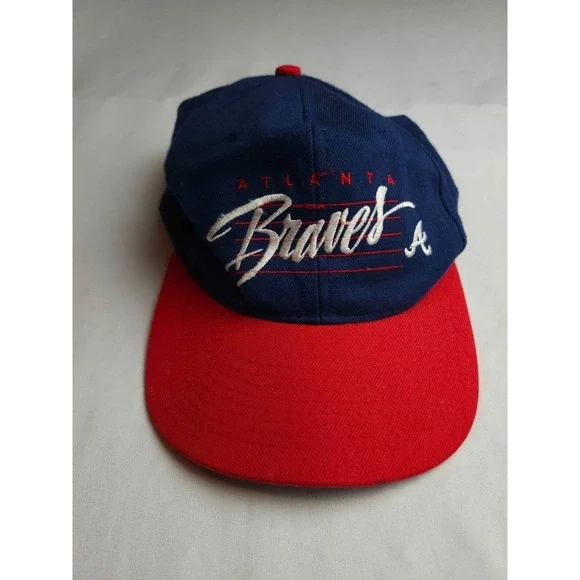 Vintage 90s Atlanta Braves Script Hat Snapback MLB Baseball Cap Blue Red Wool