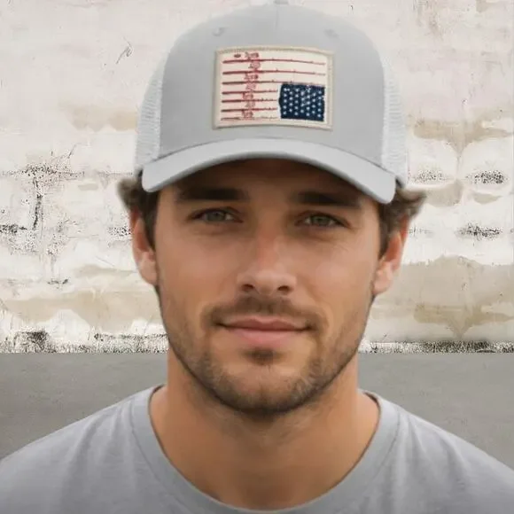 San Diego Hat Company Gray/White Trucker Hat Fishing Themed American Flag NWT