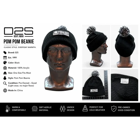 D2S Est 1991 Black Cuffed Beanie Hat Pom Pom Acrylic Knit Winter Cap Mens Womens