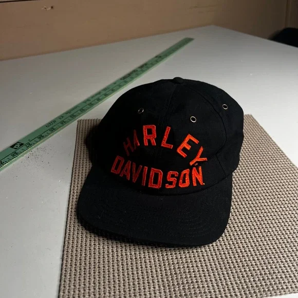 Harley Davidson Hat Black Ripstop Orange Embroidered Leather Strapback Cap