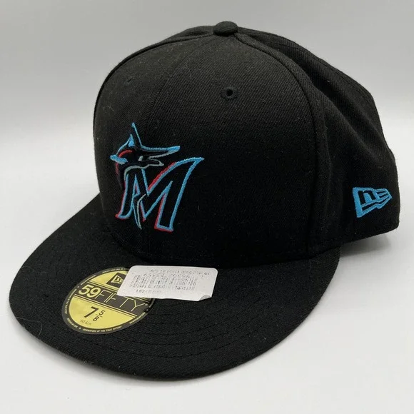 Miami Marlins New Era Hat Fitted Mens 7 5/8 59FIFTY Black Cap MLB NEW