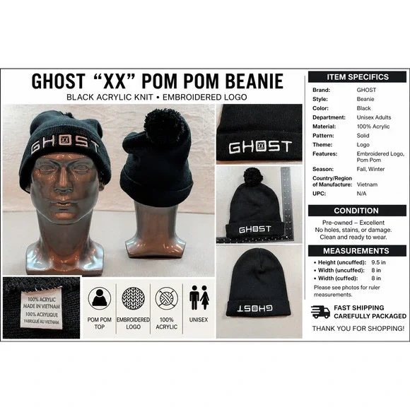 Ghost Lifestyle Beanie Hat Black White Embroidered Logo Pom Cuffed Knit Acrylic