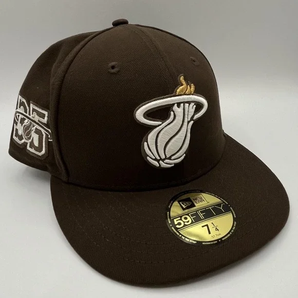 Miami Heat New Era 59FIFTY Hat Cap Fitted Mens 7 1/4 Brown NBA Side Patch 35th