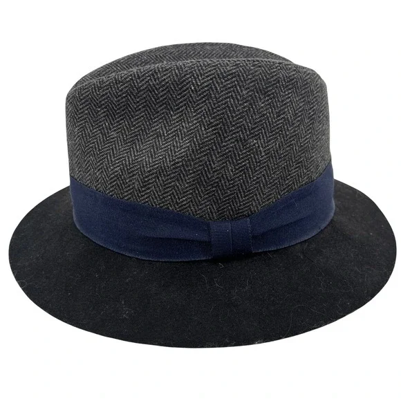 Vintage Fedora‎ by The Hatter Company Herringbone Tweed Black Brim Blue Hatband