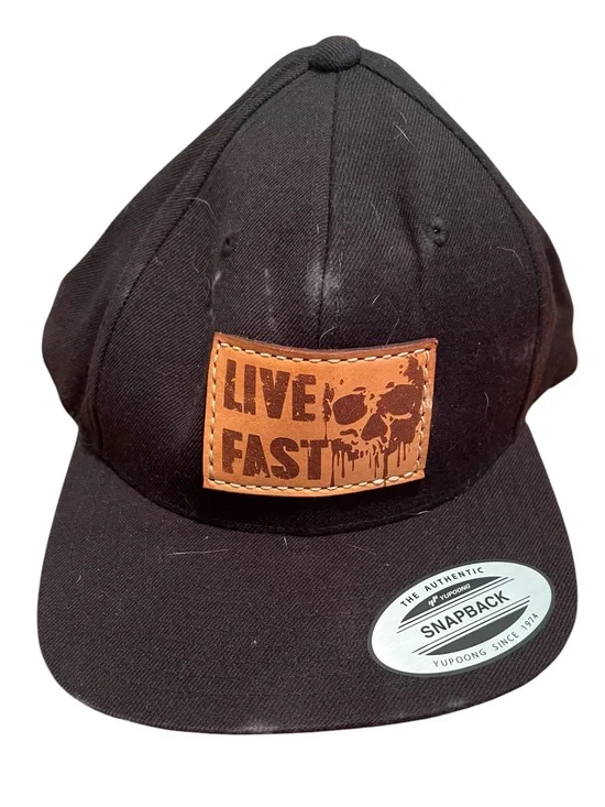 The Classics Yupoong Snapback Hat Black Live Fast Skull Leather Patch Acrylic