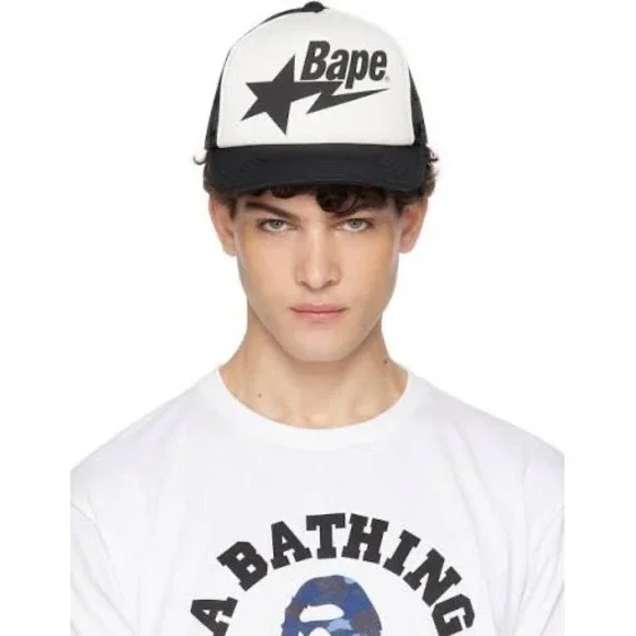 (A2) BAPE A Bathing Ape Bape Sta Trucker Hat Black White Mesh Snapback Cap