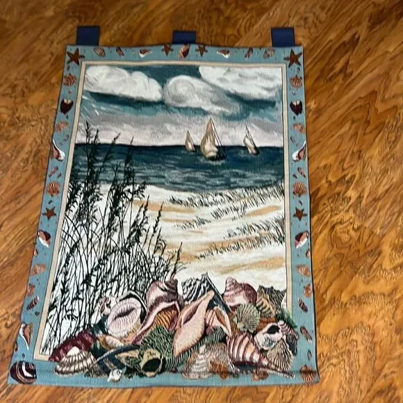 Seashore Tapestry 26 In X 38 In Wall Hanging Coastal Ocean Sea Shells Sand Boats
