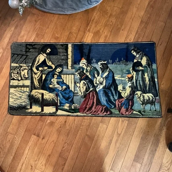 Antique Rare Embroidered Nativity Curtain Panel Cloth Baby Jesus Xmas Tapestry