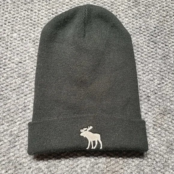 Abercrombie & Fitch Winter Hat Black W White Big Moose Logo Beanie One Size