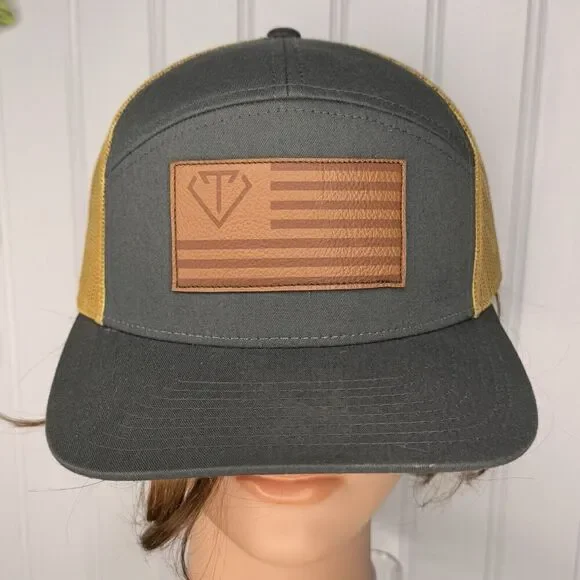 Richardson 168 USA Flag Charcoal Old Gold 7 Panel Trucker Leather Patch Hat Cap