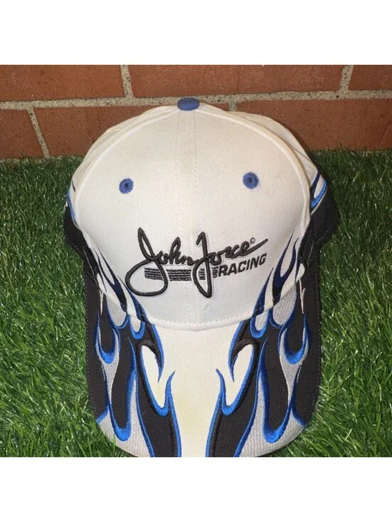 VTG 90’s-Y2K John Force Racing White Black Blue Trimble Flames StrapBack Hat