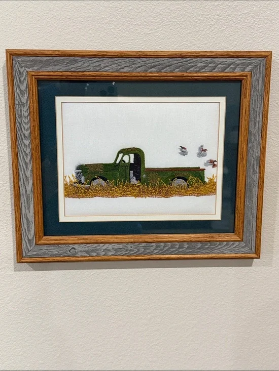 Vtg Needlepoint Embroidered Green Truck Crewel Barn wood Frame Wall Hanging