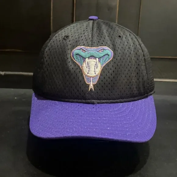 Vintage 90s Arizona Diamondbacks Mesh Fitted Hat Black Purple Made In USA  7 1/4