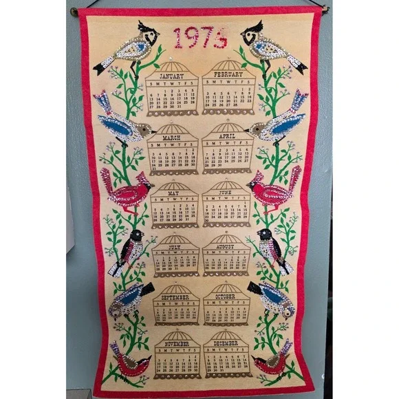 Vintage 1974 Calendar Wall Hanging 30x16.5 Tan Sequin Bird Retro Kitschy Retro