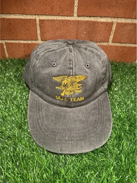 VTG 90 Distressed Black Denim Navy Seal StrapBack Hat By Otto