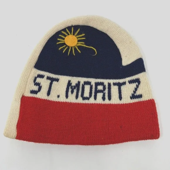 Vintage St Moritz Ski Beanie Wool Knit Hat Switzerland Retro Alpine Apres Ski