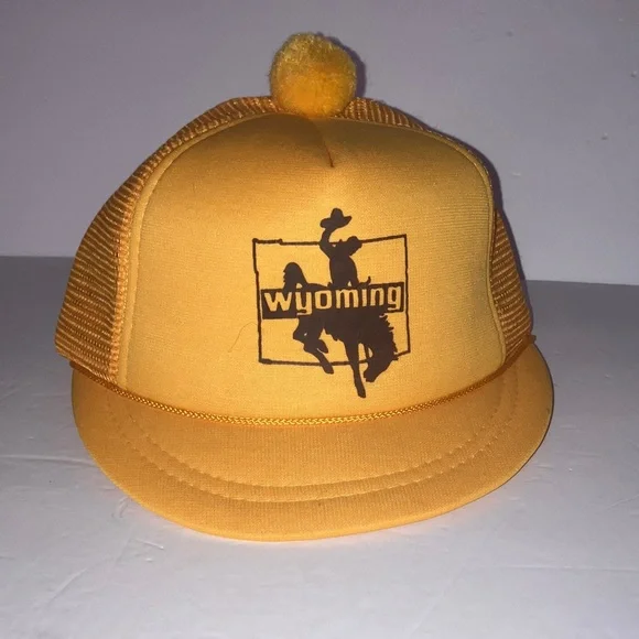 Vintage University of Wyoming Yellow Mesh Trucker Hat‎ with Pom Pom Short Visor