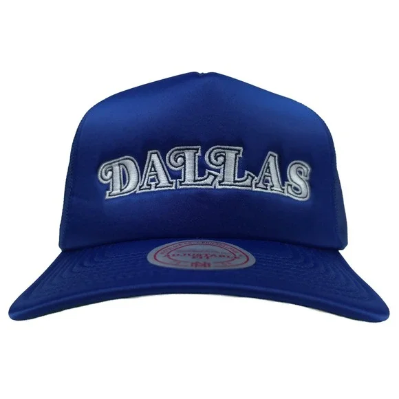 Dallas Mavs Mitchell & Ness NBA Trucker Hat Cap Embroidery Logo Blue Satin NWT