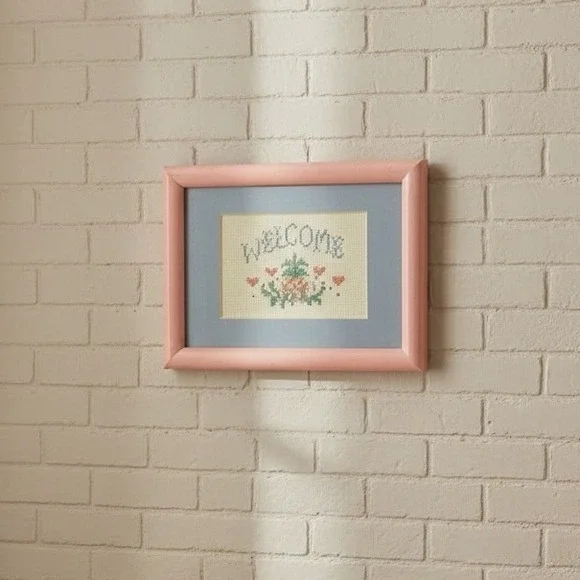 Framed Cross Stitch Welcome Pineapple Heart Home Decor‎ Wall Art