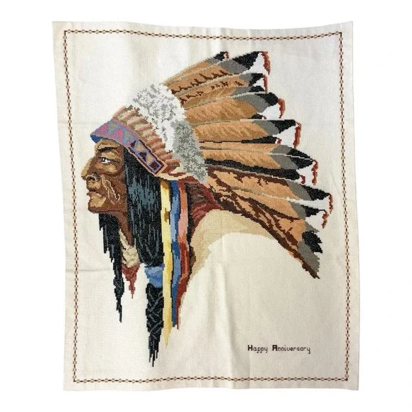 Vintage Needlepoint Chief Portrait Wall Hanging Textile Art‎ 18x22 Handmade