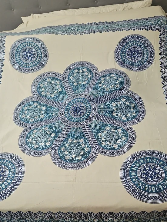 Cream and Blue Floral Mandala Tapestry Wall Hanging