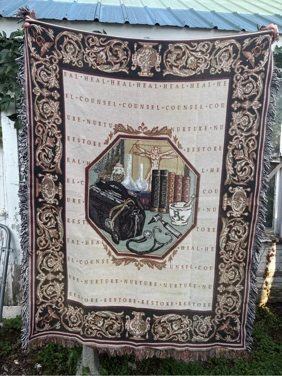 Vintage Medical Themed Woven Tapestry Throw in Brown and Beige